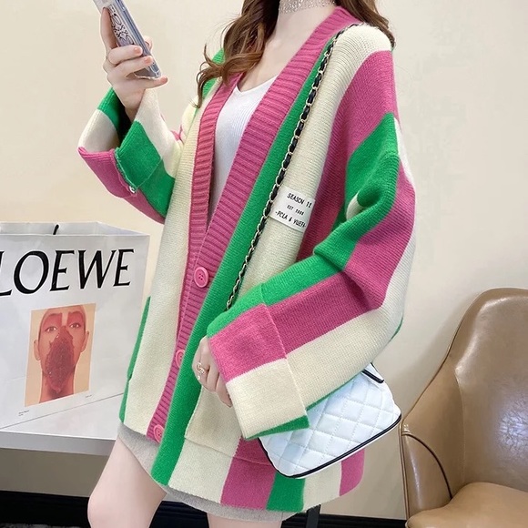 Stripe cardigan green pink wide sleeve pocket sweater button - Picture 4 of 7
